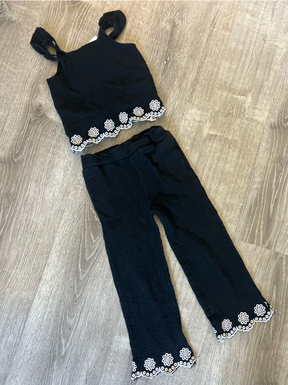 Rachel Zoe Black Two-Piece Set with White Floral Trim